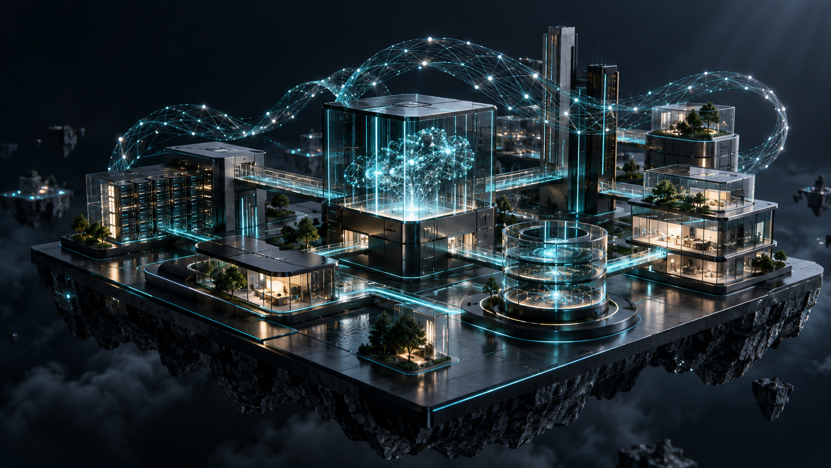 Connected digital infrastructure in glass and cyan light